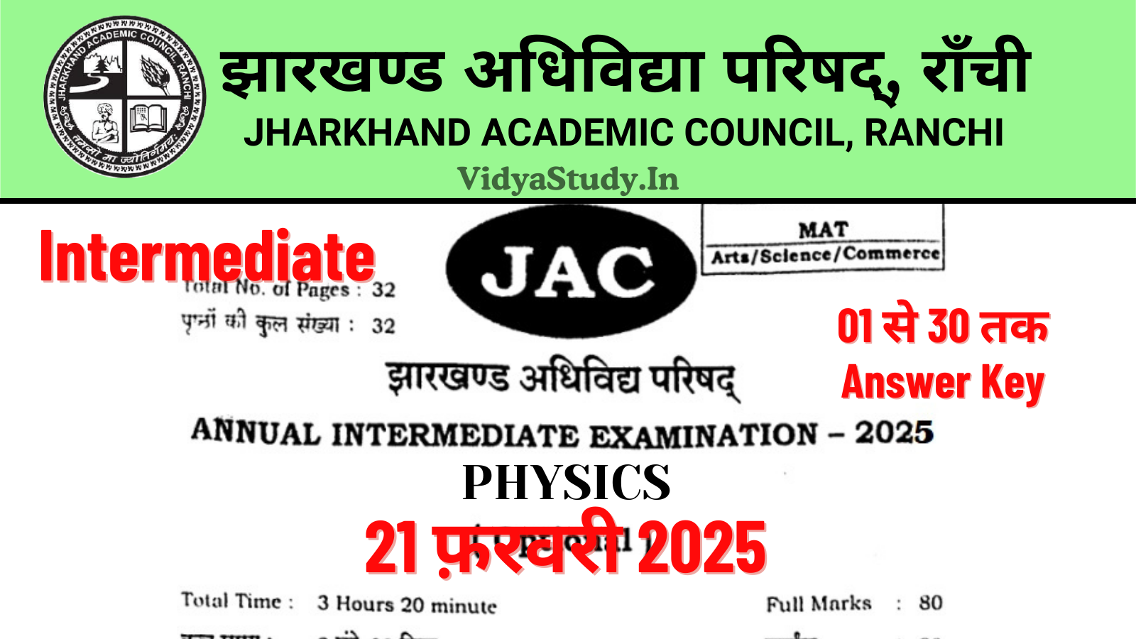 JAC 12th Physics Answer Key 2025